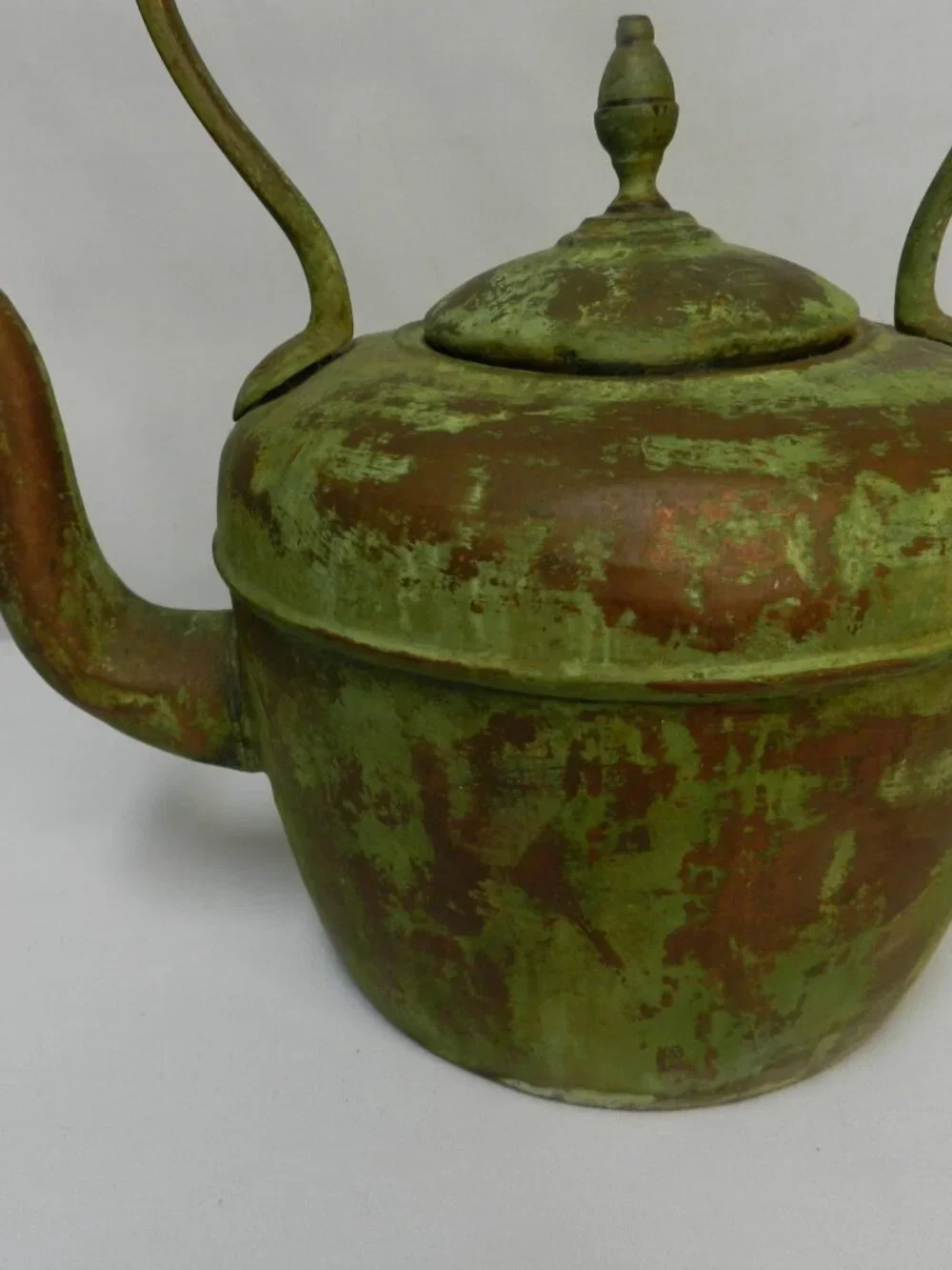 Antique Vintage Copper Tea Kettle Goose neck Spout green patina Handle 12